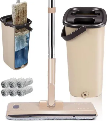 Produktbild von Famanu Mop- und Eimer-Set mit 6 Mikrofasertüchern - Reinigungseimer mit zwei Kammern