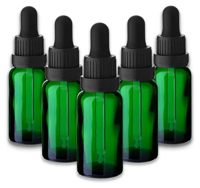 Produktbild von 5x Grüne Glasflasche 20 ml mit Pipette und schwarzem Verschluss Leer