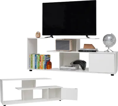 Produktbild von KOMFOTTEU TV-Schrank für Fernseher bis zu 55 Zoll, TV Lowboard 3 Ebenen mit Türschrank, TV-Tisch mit verstellbaren Beinen, 152 x 38 x 58,5 cm TV Bank Fernsehentisch Fernsehenschrank Holz (Weiß)