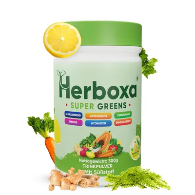 Zdjęcie produktu dla Herboxa SUPER GREENS – Zielone proszki wspomagające detoksykację – Zawierają korzeń cykorii – Smak cytrynowo-miętowy – 50 porcji