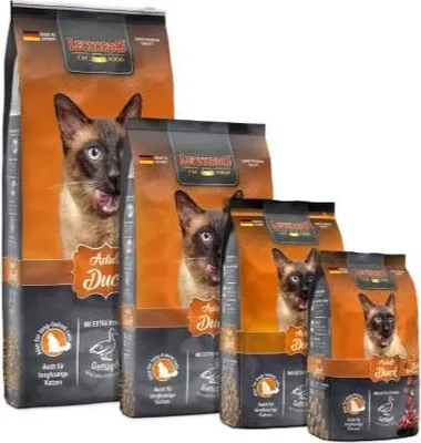 Several bags of cat food are displayed in varying sizes against a white background.
