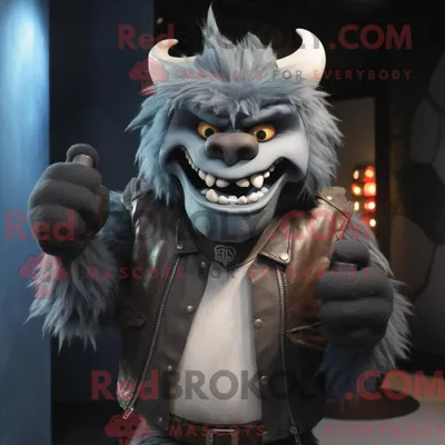 Productafbeelding van Mascot REDBROKOLY karakter van een grijze demon gekleed met een leren jas en sjaals