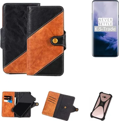 Produktbild von K-S-Trade Handyhülle Schutzhülle Bookstyle Case Wallet-Case kompatibel mit OnePlus 7T Pro Handy Cover Bumper Klapphülle schwarz hellbraun 1x
