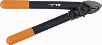 A pair of Fiskars bypass loppers with orange handles and black blades, shown against a white background.