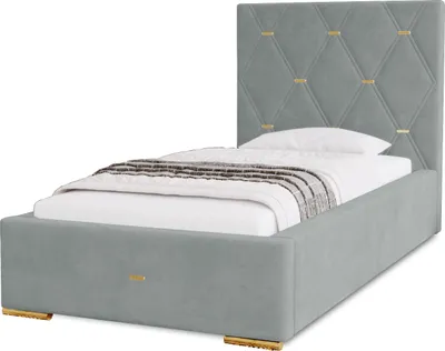 Produktbild von Polsterbett Golden Premium 90x200 cm, Bett mit Kopfteil, Doppelbett mit Bettkasten, Matratze und Lattenrost aus Holz, Velourstoff: Silbern