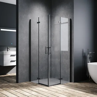 Image de SONNI Noir Paroi de douche 90x90x195cm Porte pliante Porte de douche accès d'angle 6mm NANO verre clair Porte pliante pivotante Accès d'angle Salle de bains