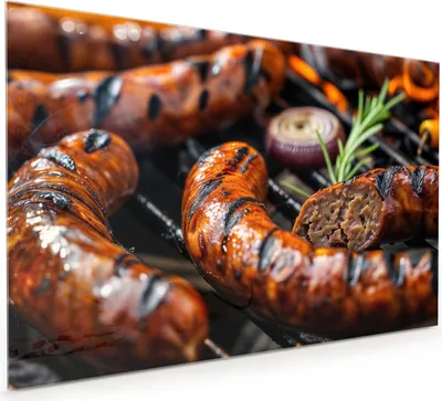 Produktbild von Küchenrückwand Spritzschutz Glas mit Motiv Grillwurst B B Q 40 x 40 cm