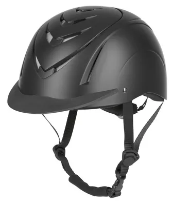 A black equestrian helmet with ventilation slots and adjustable straps, shown against a white background.