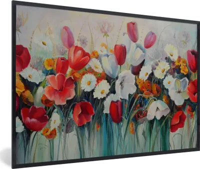 Produktbild von MuchoWow® Gerahmtes Poster Malerei - Ölgemälde - Blumen 90x60 cm - Poster mit Schwarzem Bilderrahmen Wandposter Rahmen Foto Bilder - Fotorahmen - Foto-Plakat