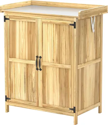 Immagine prodotto di Armadio da giardino in legno, casetta per attrezzi resistente alle intemperie 74x43x88 cm, casetta per attrezzi con ripiani sul tetto pieghevoli, piano di lavoro, armadio per attrezzi, casetta da giardino armadio per attrezzi casetta da giardino per giard