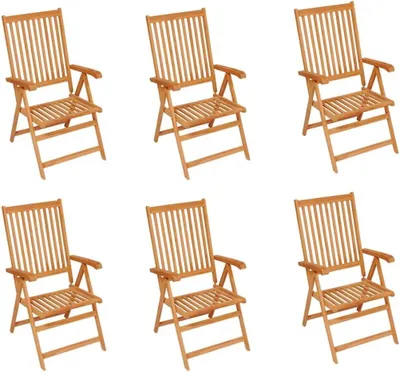 Produktbild von 6 klappbare Teakholz-Gartenstühle mit königsblauen Kissen und 7-fach verstellbarer Rückenlehne, massiv, belastbar bis 110 kg