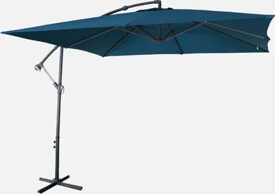 A blue cantilever umbrella is shown against a white background.
