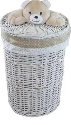 Image de D Vier Panier à linge Coffre à linge en osier rond blanc Couvercle avec peluche Ourson Housse Couvercle 60L D.39 H.55