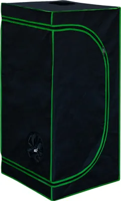 A black grow tent with green trim, shown from a front-side angle.