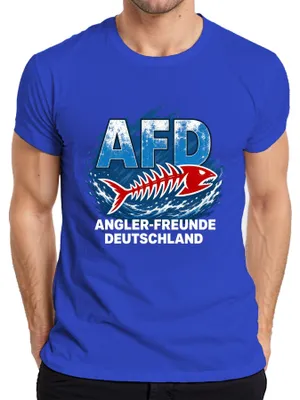 Zdjęcie produktu dla Koszulka męska, kolor niebieski, rozmiar M, z motywem "AFD Angler Freunde Deutschland Fischskelett", zawierająca elementy sarkazmu