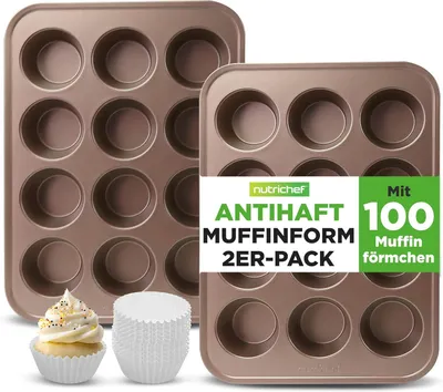 Produktbild von NutriChef 2er Muffin Backform Antihaftbeschichtet– PTFE-, PFOA-, PFOS & BPA-freies Muffin Tray – Muffinblech mit 12 Tassen, insg. 24 St.– Muffinform