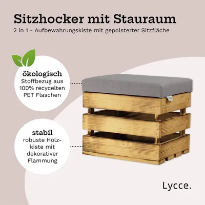 Obrázek produktu pro Lycce stolička s úložným prostorem, dřevěná bedna s polstrovaným víkem – 35 l, barva: šedá