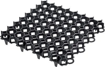 A black plastic grid structure for landscaping.