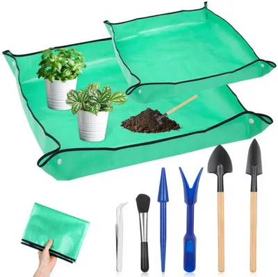 Produktbild von Unyqoos ® Wasserfeste Verpotmatte und Mini-Tuingereedschaftset, 2 Stück, für Gartenliebhaber, 100x90 cm und 64x65 cm