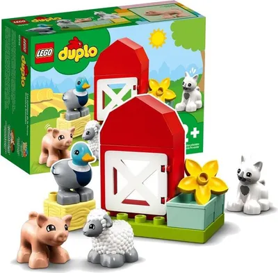 LEGO Duplo farm animal care set packaging with toy farm animals and buildings.