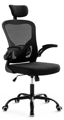 Zdjęcie produktu dla Krzesło biurowe Relaxdays, regulowane w wysokości, obrotowe, z funkcją bujania, podparciem lędźwiowym i zagłówkiem, siatkowe, ergonomiczne krzesło obrotowe, czarne