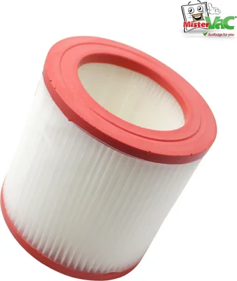 A close-up, angled view of a white pleated filter with a red rubber seal around the top opening, set against a white background. A small logo is visible in the top right corner.
