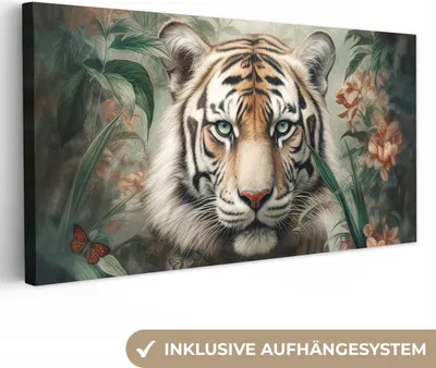Zdjęcie produktu dla MuchoWow® - Obraz na płótnie - Tygrys - Motyle - Zwierzęta - Dżungla - Kwiaty, fototapeta, dekoracja ścienna do salonu, 40x20cm