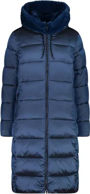 A studio shot of a blue puffer coat.