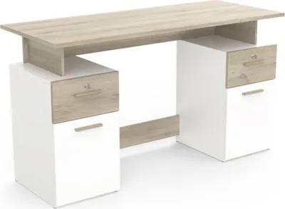 Image de Bureau PLATON, Chêne Kronberg/Blanc Mat, L134.8 x P55 x H76.4 cm, 2 Tiroirs avec Serrures, DEMEYRE