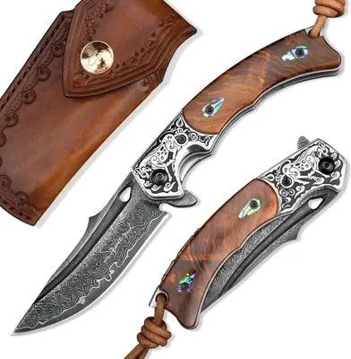 Produktbild von HARAHU MI-26642 Damast Jagd-Klappmesser - Braun KP26642