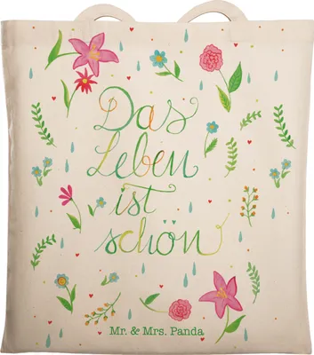 Produktbild von Mr. & Mrs. Panda Shopping Tasche Blumen Leben - Transparent - Geschenk, Laptoptasche, Motivation Spruch, Jutebeutel, Tote Bag, Schultasche, glücklich sein, Das Ist schön