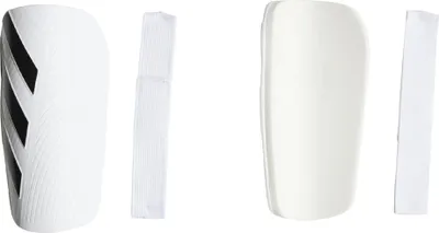 Two pairs of shin guards and their accompanying straps are displayed against a white background.