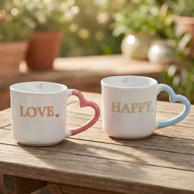 Produktbild von 2er Set Tassen Steingut 350ml Herz Happy Love Kaffeebecher Kaffeetasse Geschenk für Paare Muttertag Freundin