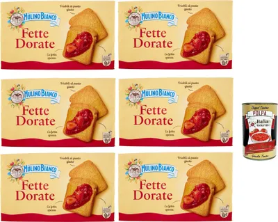 Produktbild von Mulino Bianco Fette Biscottate Dorate, Frühstückskekse, Zwieback kekse gebackenem Brot 6x 630g + Italian Gourmet polpa 400g