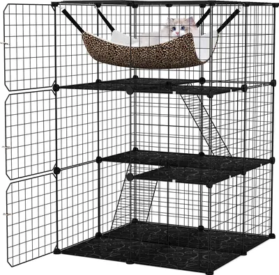 Produktbild von COSTWAY Katzenkäfig 3-stöckig, Katzengehege mit Hängematte, 2 Leitern, 3 Türen, Dachfenster, abnehmbarer Zwinger für Kleintiere im Innen 74x74x107cm