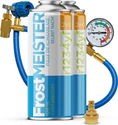Imagen del producto de FROSTMEISTER 2 en 1, 400 ml: 2 dosis de R1234yf + manguera con manómetro + adaptadores. Kit para sistemas de aire acondicionado