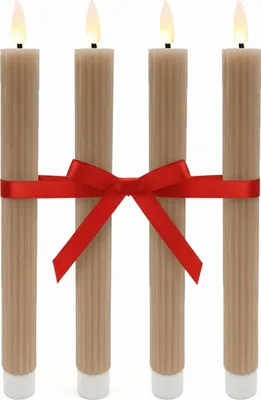 Produktbild von Relaxdays LED Stabkerzen, 4er Set, HxD 25 x 2 cm, flackernde Flamme, Echtwachs, Rillen, flammenlose Kerzen, mocha mousse