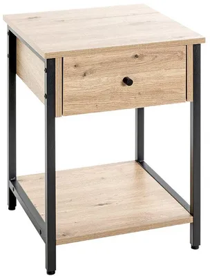 Image de Uniqoos® Table d'appoint – Aspect chêne clair avec accents en métal noir, tiroir et étagère, revêtement en mélamine, dimensions 40x55x40 cm, capacité de charge 15 kg