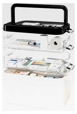 Produktbild von 3-stufige Medikamentenaufbewahrung, Kunststoff Hausapotheke mit Griff und herausnehmbarem Fach, Multifunktionaler Medikamentenorganizer für Zuhause, Büro, Schule - 31,5 x 21,5 x 29 cm