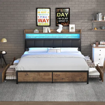 Produktbild von Polsterbett mit Lattenrost und Kopfteil LED 4 Schubladen Doppelbett Erwachsenenbett Stauraumbett 140*200cm Schwarz