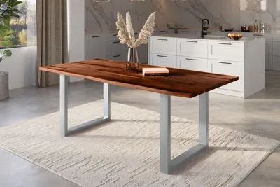 Produktbild von Refurbished Möbelretoure Baumkantentisch Akazie nussbaum mit schwarzen Resin-Adern 200 x 100 cm U-Gestell silber POLLY