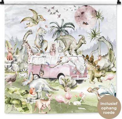 Produktbild von MuchoWow® Wandteppich Wandbehang Dinosaurier - Kinder - Bus - Bäume - Tiere - Kinder 90x90 cm Tapisserie Dekoration Wandtuch - Wandaufhänger