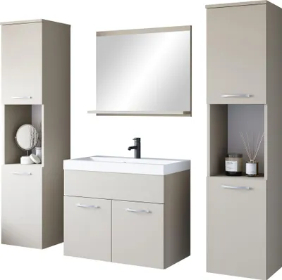 Produktbild von MIRJAN24 Badmöbel-Set Montreal XL, Badezimmer-Set mit Spiegel und Waschbecken (Farbe: Cashmerebeige, mit Siphon)