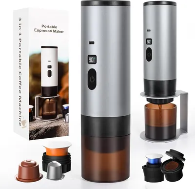 Produktbild von Tragbare 3-in-1 Mini Espressomaschine 20 Bar mit Selbsterhitzung, LED Anzeige, Akku 7800mAh, kompatibel mit Kapseln & Pulver für Reise & Camping