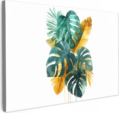Produktbild von MuchoWow® - Leinwandbilder - Blätter - Tropisch - Gold - Grün - Modern, Wandbild, Wanddeko Bilder Wohnzimmer, 120x80 cm
