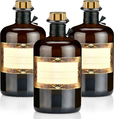 Produktbild von Apothekerflasche braun 0,5l mit Korken gold, Band, Kapseln & Etiketten, 3 Braunglas Flaschen leer Etikett Motiv Orient