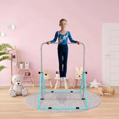 Obrázek produktu pro UISEBRT Výškově nastavitelná gymnastická tyč pro děti 120-180 cm, skládací vnitřní horizontální tyč s gymnastickými kruhy, tyč na vytahování, tréninkové vybavení, zelená barva