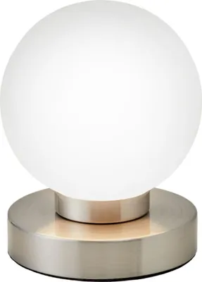 A close-up studio shot of a modern, spherical table lamp with a frosted glass shade and a brushed metal base.