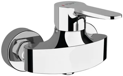 A chrome shower faucet mounted on a white background.