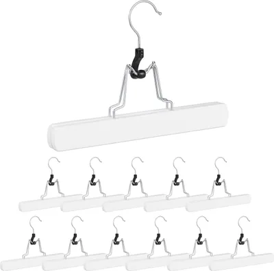 Produktbild von Relaxdays Hosenspanner Holz, 12 Stück, 360° drehbarer Haken, Filzschutz, HBT: 17 x 25 x 2,3 cm, Kleiderbügel Hose, weiß